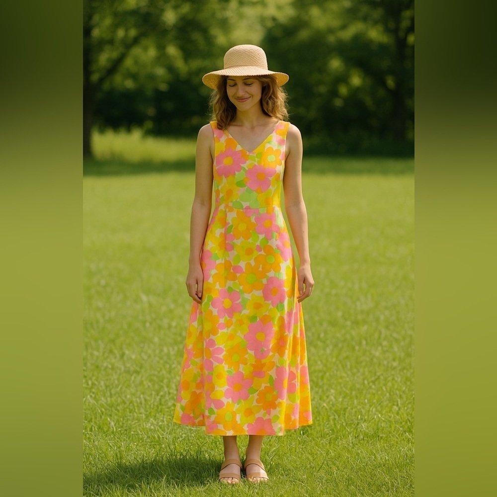 Vintage Handmade 70s Floral Maxi Dress Pink Orange Green Cotton V-Neck Zip Back